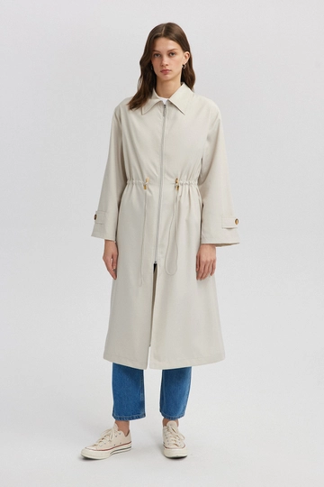 A wholesale clothing model wears  Gathered Windbreaker With Button Detail At Waist - Stone
, Turkish wholesale Coat of Touche Prive