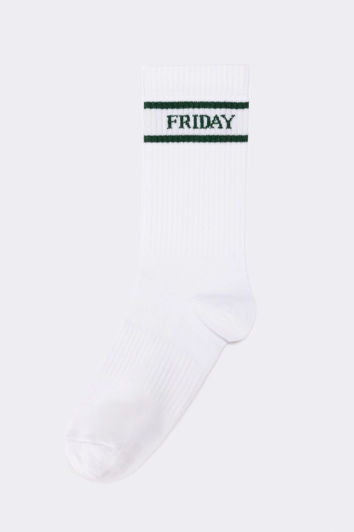 A wholesale clothing model wears tou12028-embroidered-socks-white-&-green, Turkish wholesale Socks of Touche Prive
