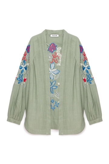 A wholesale clothing model wears  Embroidered Kimono - Green
, Turkish wholesale Kimono of Touche Prive
