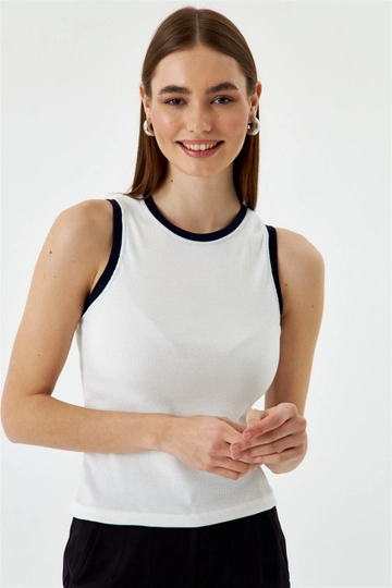 A wholesale clothing model wears  Corded Basic White Navy Blue Women's Athlete - White/Navy Blue
, Turkish wholesale Undershirt of Tuba Butik