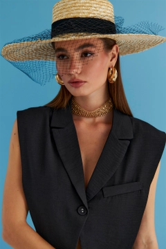 Ein Bekleidungsmodell aus dem Großhandel trägt TBU11339 - Linen Blend Design Women's Vest - Black, türkischer Großhandel Weste von Tuba Butik