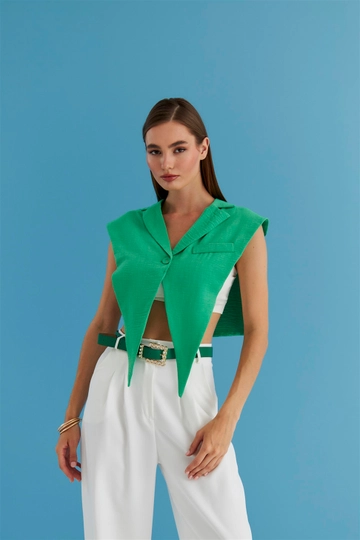 A wholesale clothing model wears  Linen Blend Design Women's Vest - Green
, Turkish wholesale Vest of Tuba Butik