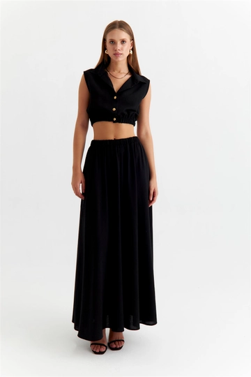 A wholesale clothing model wears  Crop Shirt Maxi Skirt Women's Suit - Black
, Turkish wholesale Suit of Tuba Butik