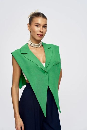 A wholesale clothing model wears  Linen Blend Design Dark Women's Vest - Green
, Turkish wholesale Vest of Tuba Butik