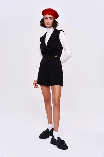 A wholesale clothing model wears  Double Breasted Collar Short Women's Jumpsuit - Black
, Turkish wholesale Jumpsuit of Tuba Butik