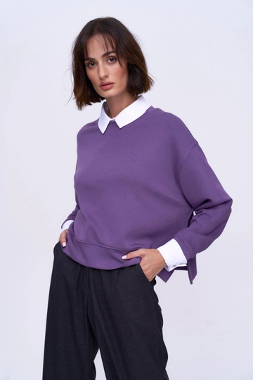 Bir model, Tuba Butik toptan giyim markasının  Bisiklet Yaka Basic Kadın Sweatshirt - Mor
 toptan Sweatshirt ürününü sergiliyor.