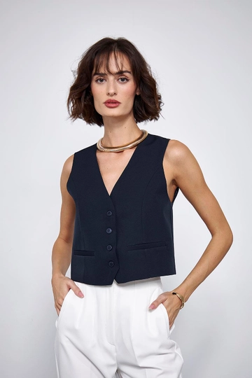 A wholesale clothing model wears  Straight Cut Women's Vest - Navy Blue
, Turkish wholesale Vest of Tuba Butik