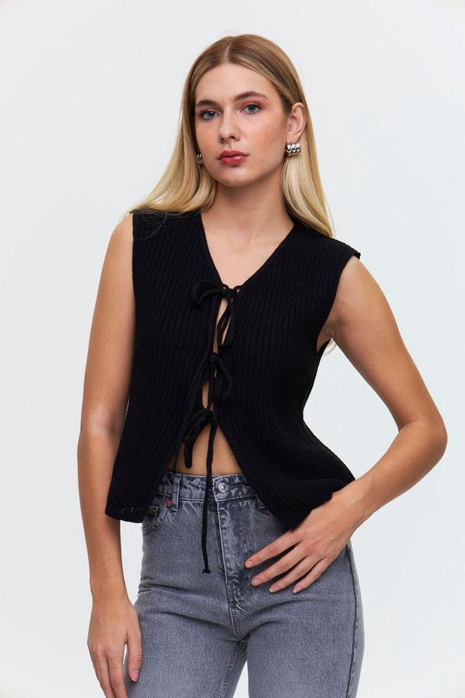 Tuba Chaleco De Punto Con Cuello Redondo Y Detalle De Encaje Para Mujer Negro Ropa al por mayor Casual