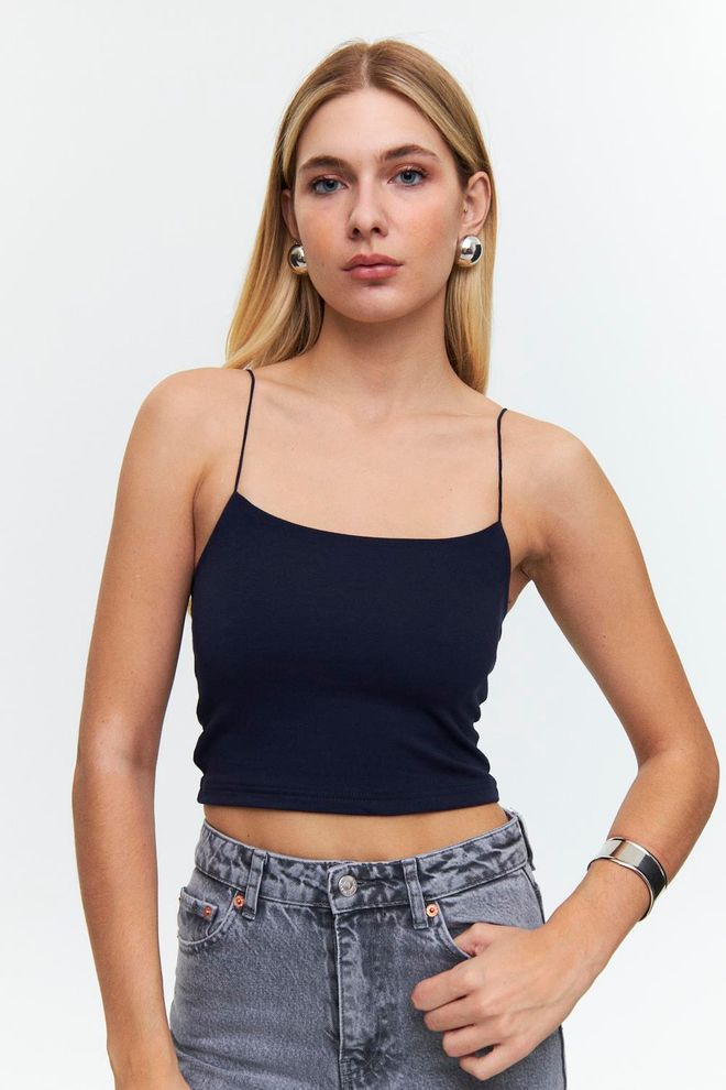 Tuba Top Curto Com Alça De Corda Azul Marinho Roupas por atacado Casual