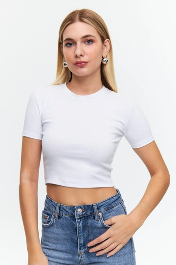 A wholesale clothing model wears  Basic Crew Neck Short Sleeve Women's Crop T-Shirt - White
, Turkish wholesale Crop Top of Tuba Butik