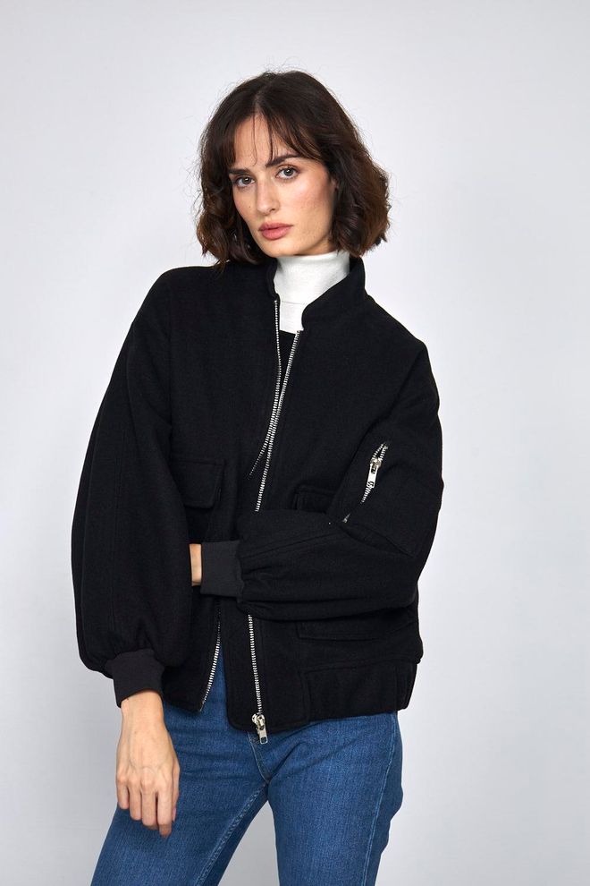 Tuba Giacca da donna Bomber Stamp con cerniera Nera Abbigliamento all'ingrosso Casuale