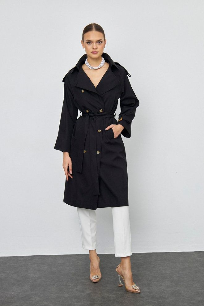 Tuba Trench lungo da donna con bottoni a doppio petto Nero Abbigliamento all'ingrosso Casuale