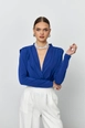 A wholesale clothing model wears tbu12184-double-breasted-collar-saks-bodysuit-blue, Turkish wholesale  of 