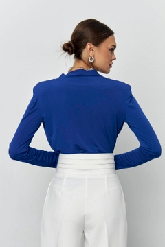 A wholesale clothing model wears tbu12184-double-breasted-collar-saks-bodysuit-blue, Turkish wholesale Bodysuit of Tuba Butik