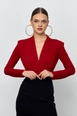 A wholesale clothing model wears tbu12195-double-breasted-neck-bodysuit-red, Turkish wholesale  of 