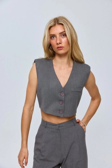 A wholesale clothing model wears  Buttoned Crop Women's Vest - Smoked
, Turkish wholesale Vest of Tuba Butik