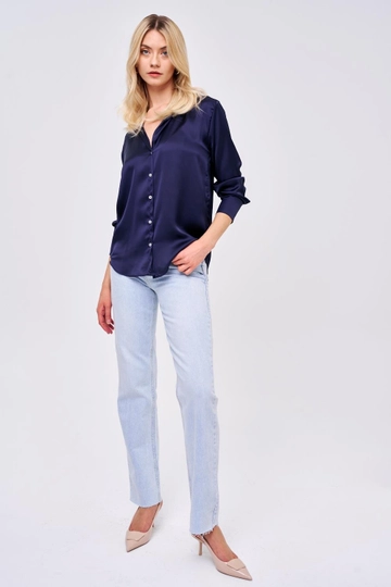 A wholesale clothing model wears  High Waist Wide Leg Open Women's Jeans - Blue
, Turkish wholesale Jeans of Tuba Butik