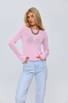 A wholesale clothing model wears tbu12662-crew-neck-transparent-knitwear-blouse-pink, Turkish wholesale  of 