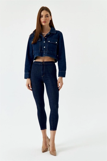 A wholesale clothing model wears  High Waist Lycra Skinny Women's Jeans - Navy Blue
, Turkish wholesale Jeans of Tuba Butik