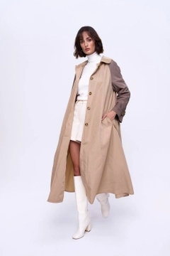 A wholesale clothing model wears tbu12699-hooded-women's-trench-coat-mink, Turkish wholesale Trenchcoat of Tuba Butik