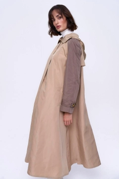 A wholesale clothing model wears tbu12699-hooded-women's-trench-coat-mink, Turkish wholesale Trenchcoat of Tuba Butik