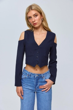 Ein Bekleidungsmodell aus dem Großhandel trägt tbu12727-women's-vest-with-sleeve-detail-navy-blue, türkischer Großhandel Weste von Tuba Butik