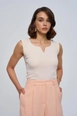 A wholesale clothing model wears tbu12759-drop-neck-ribbed-blouse-cream, Turkish wholesale  of 