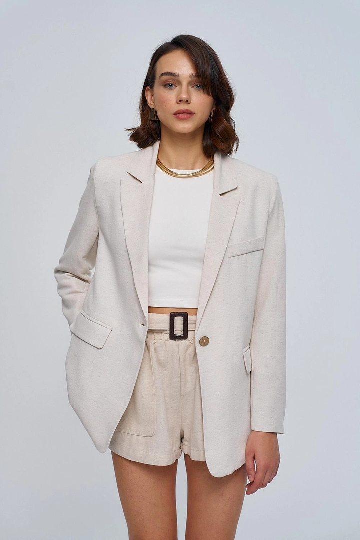 A wholesale clothing model wears tbu12769-linen-blend-blazer-stone-women's-jacket-stone, Turkish wholesale Jacket of Tuba Butik
