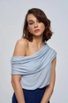 A wholesale clothing model wears tbu12789-madonna-collar-gathered-knitwear-women's-blouse-blue, Turkish wholesale  of 