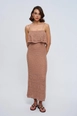 A wholesale clothing model wears tbu12802-strappy-openwork-knitwear-long-dress-light-brown, Turkish wholesale  of 