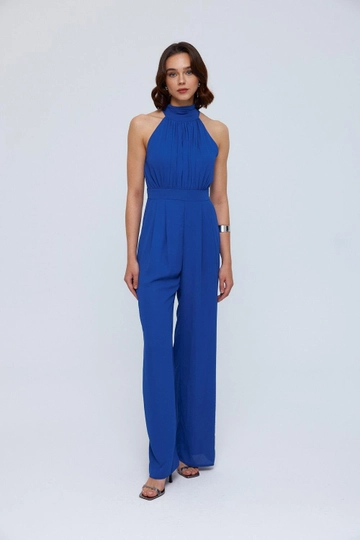 A wholesale clothing model wears  Halter Neck Long Blue Women's Jumpsuit - Saks
, Turkish wholesale Jumpsuit of Tuba Butik