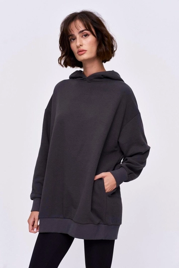 Bir model, Tuba Butik toptan giyim markasının  Sweatshirt - Füme
 toptan Hoodie ürününü sergiliyor.