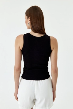 A wholesale clothing model wears TBU10883 - Women's Ribbed Basic Embroidered Athlete - Black, Turkish wholesale Undershirt of Tuba Butik