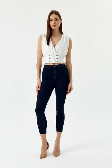 Ein Bekleidungsmodell aus dem Großhandel trägt  Lycra-Jeans Mit Hoher Taille – Dunkelblau
, türkischer Großhandel Jeans von Tuba Butik