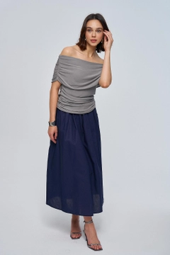 A wholesale clothing model wears tbu12782-madonna-collar-gathered-knitwear-women's-blouse-gray, Turkish wholesale Blouse of Tuba Butik