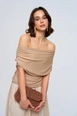 A wholesale clothing model wears tbu12786-madonna-collar-gathered-knitwear-women's-blouse-beige, Turkish wholesale  of 