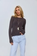 A wholesale clothing model wears tbu12804-crew-neck-transparent-knitwear-blouse-smoked, Turkish wholesale  of 