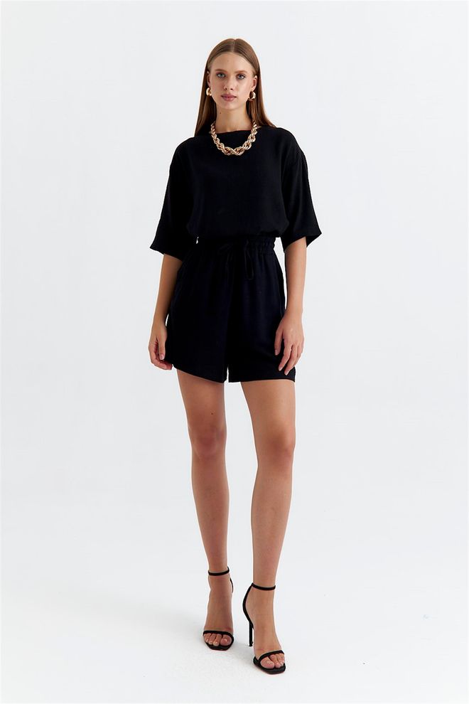 Tuba Costume Femme Short Chemisier Texturé Lin Noir Vêtements en gros Décontracté