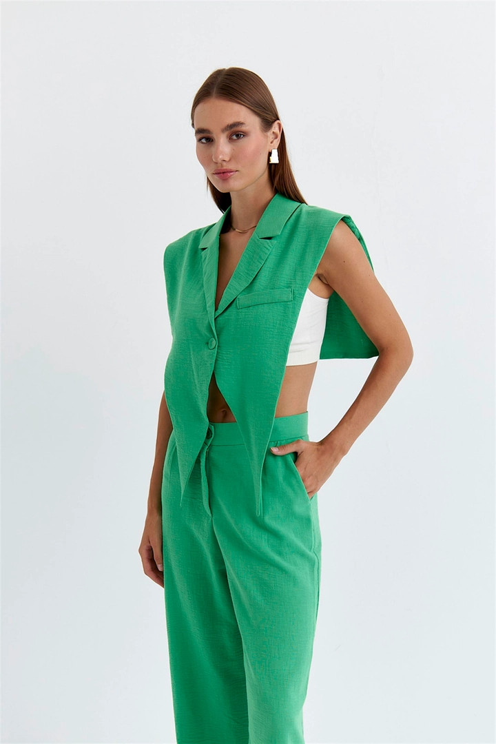 Un model de îmbrăcăminte angro poartă TBU11330 - Linen Blend Design Women's Vest - Green, turcesc angro Vestă de Tuba Butik