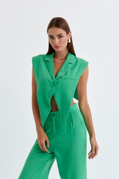 Un model de îmbrăcăminte angro poartă TBU11330 - Linen Blend Design Women's Vest - Green, turcesc angro Vestă de Tuba Butik