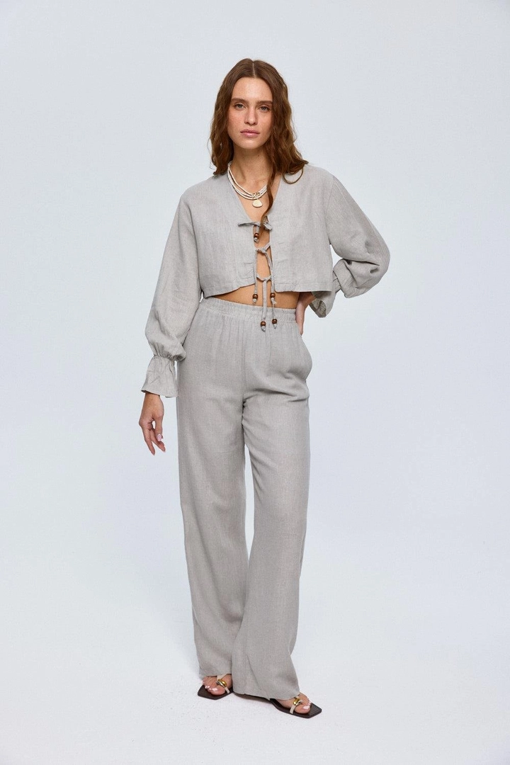 عارض ملابس بالجملة يرتدي tbu12652-bohemian-blouse-trousers-linen-women's-suit-gray، تركي بالجملة جلس من Tuba Butik