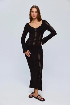 عارض ملابس بالجملة يرتدي tbu12653-openwork-knitwear-long-dress-black، تركي بالجملة فستان من Tuba Butik