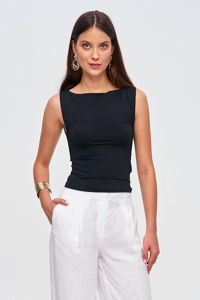 Tuba Damesblouse Met Boothals En Nul Mouwen Zwart Groothandel Kleding Casual