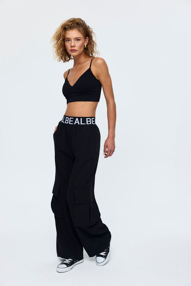 Tuba Pantaloni Cargo De Damă În Amestec De In Negri Îmbrăcăminte cu ridicata Casual