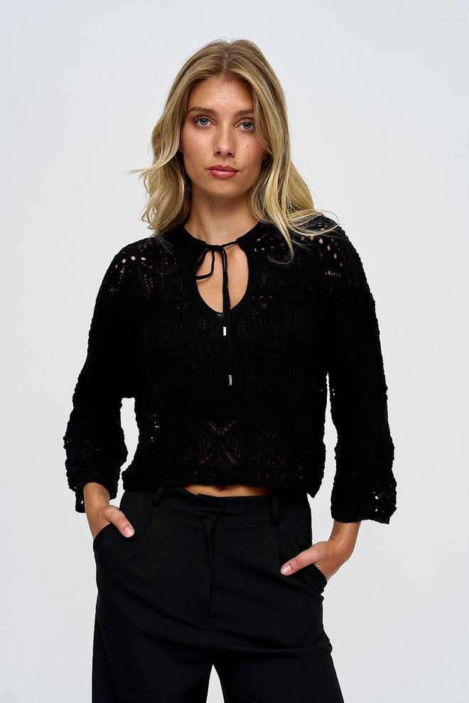 Tuba Pull En Maille Femme Détail Lien Ajouré Noir Vêtements en gros Décontracté