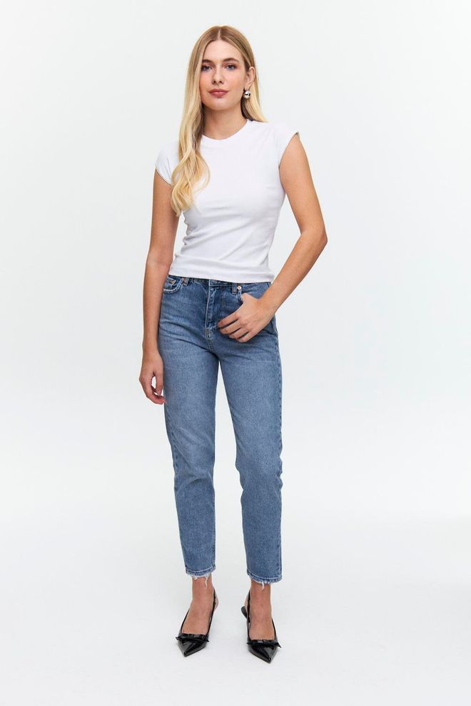 Tuba Jean Mom Taille Haute Femme Bleu Vêtements en gros Décontracté