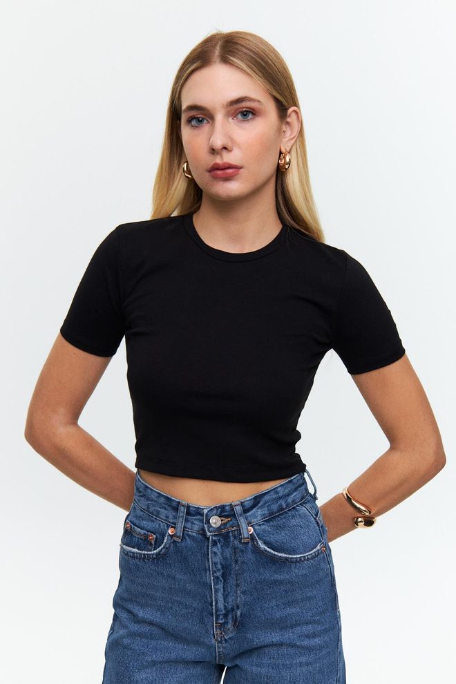 Tuba T shirt Court Basique À Manches Courtes Et Col Rond Pour Femme Noir Vêtements en gros Décontracté