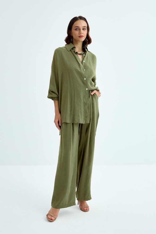 Tuba Modaliniai Marškinėliai Kelnės Moteriškas Kostiumas – Chaki Didmeninė prekyba drabužiais Kokteilinė