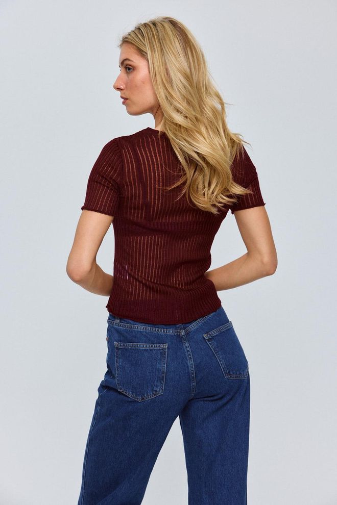 Tuba Blúzka Z Priesvitného Úpletu Crew Neck – Klaret Červená Veľkoobchod s oblečením Leto