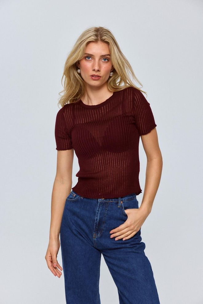 Tuba Doorschijnende Gebreide Blouse Met Ronde Hals Claret Red Groothandel Kleding Casual